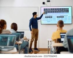 Hình ảnh về friendly and professionallooking instructor teaching an online class, with a screen showing slides and interactive elements, and a student looking attentively at their computer