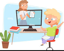 Hình ảnh về Students learning online with a teacher on screen